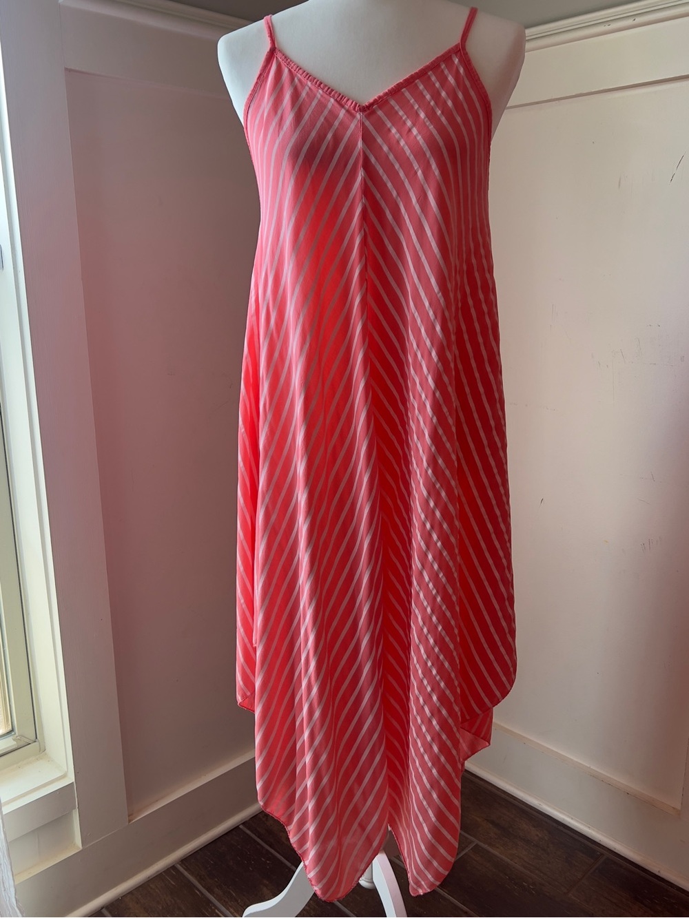 Asymmetrical Coral Pink Striped Slip Dress by Gigi Moda